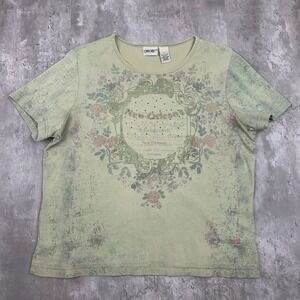 Vintage Cherokee New Orleans Top Womens Large Green Short Sleeve Downtown Y2K